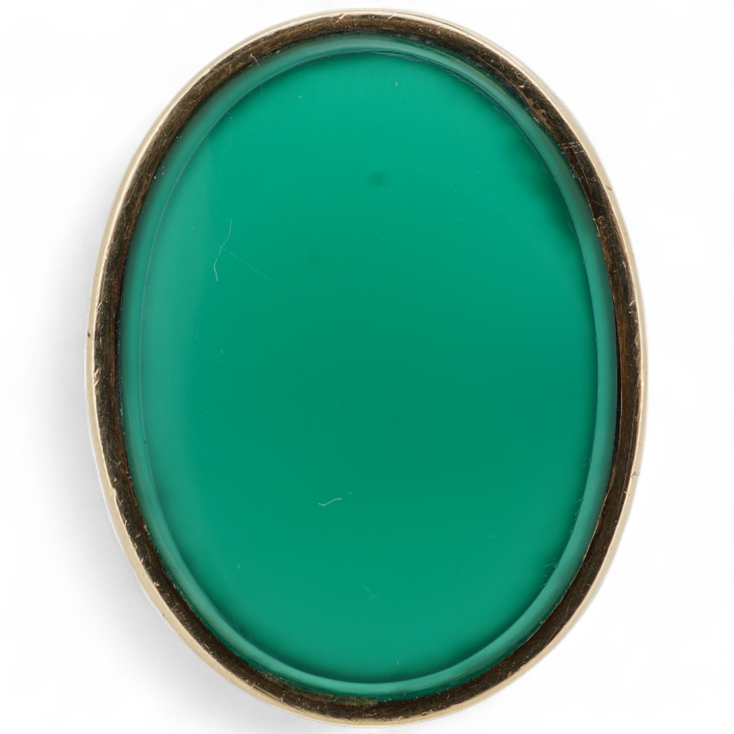 A yellow metal (stamped 585) and single stone oval chrysoprase set signet ring, size U, gross weight 8.4 grams.